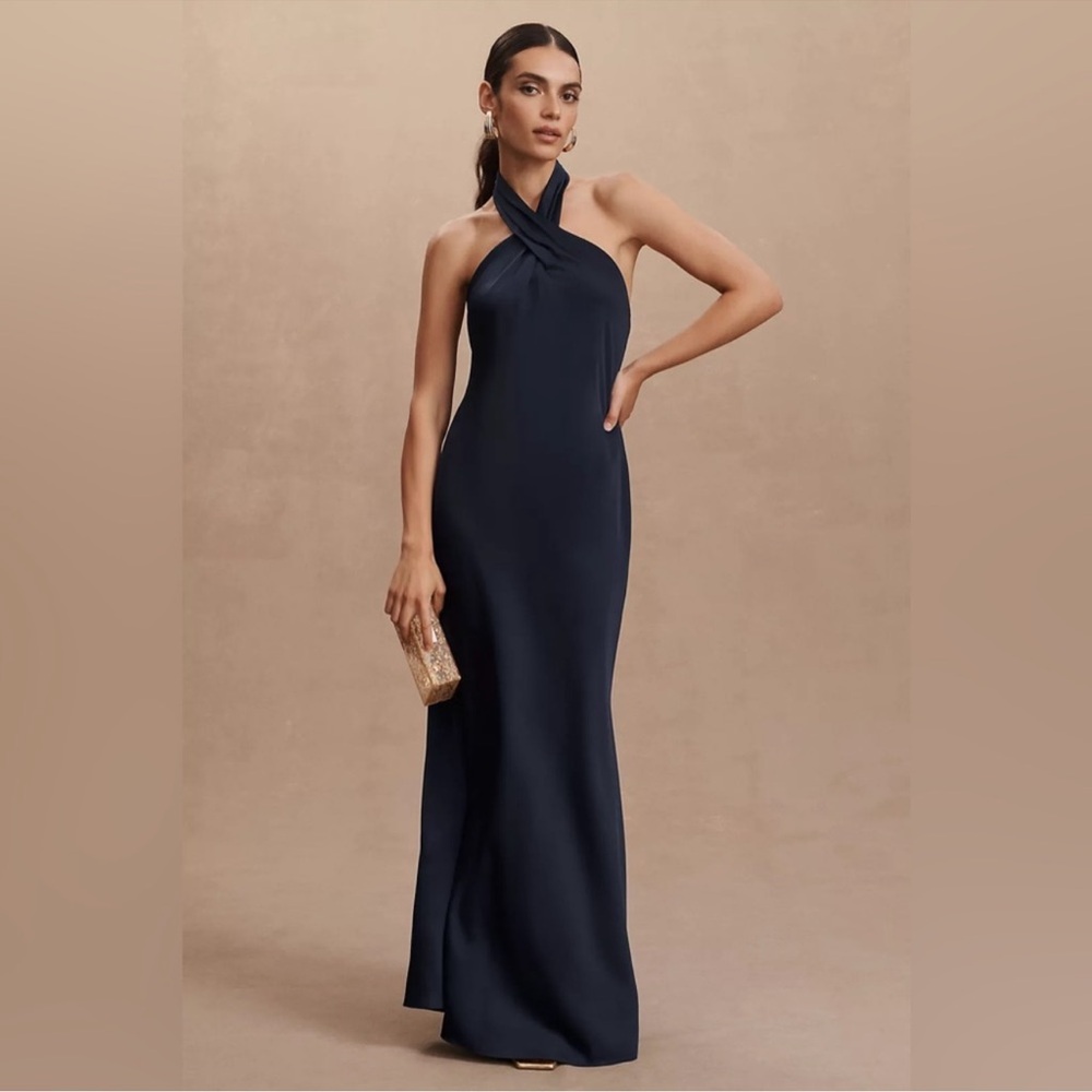 BHLDN Ruby Twist Halter Satin Gown Midnight Blue Size 8